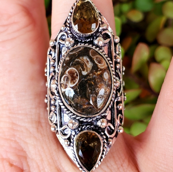 New Turtella Agate Fossil & Smoky Quartz 925 Silver Statement Ring. - Picture 2 of 13